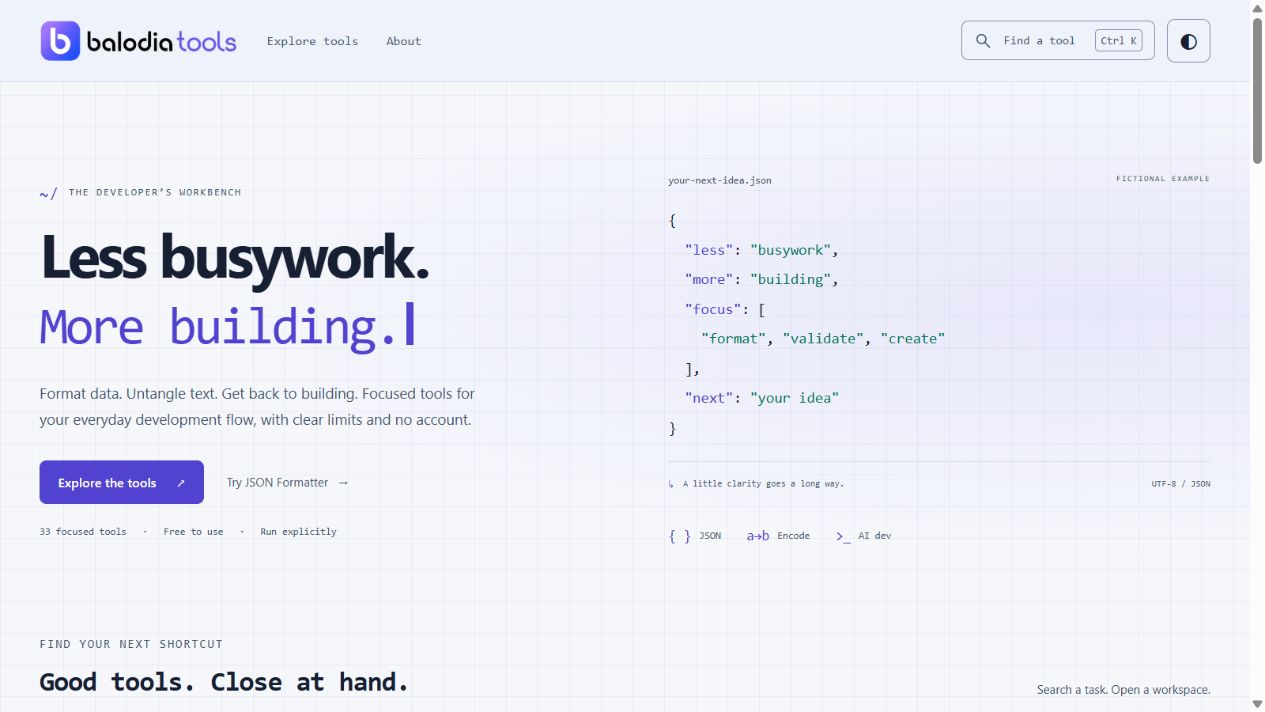 Balodia Developer Tools homepage and tool collection.